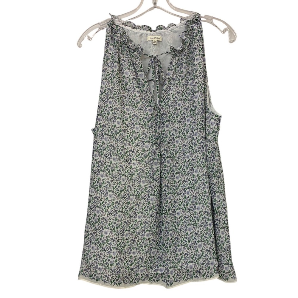 Max Studio Wmns Floral Ruffle Tie Neck Sleeveless Blouse Purple Green L 6707Y36B - Picture 2 of 10